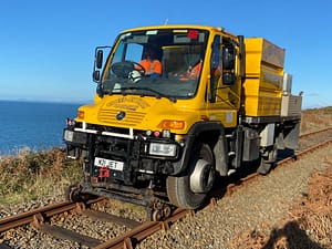 RRV road rail vehicle high pressure water jetter clearing track catchpit drainage in wales